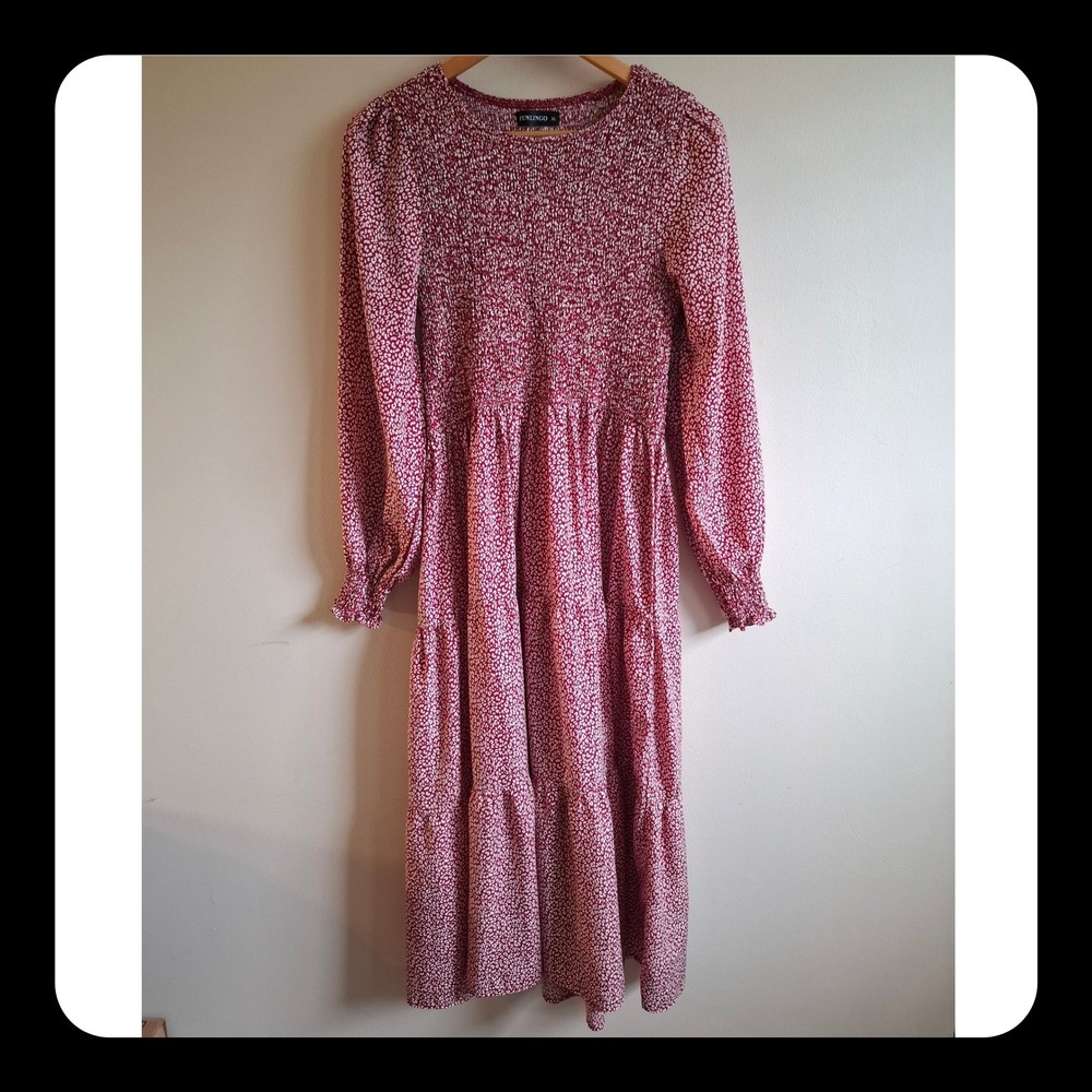 Red Cottagecore Abstract Animal Print Smocked Long Sleeve Maxi Dress Boho Sz XL